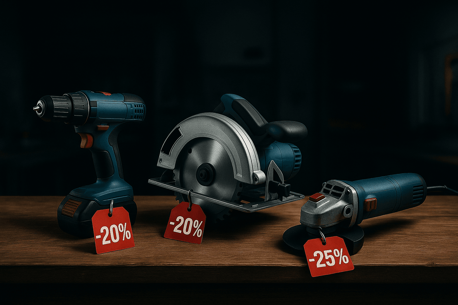 Herramientas eléctricas con etiquetas de descuento.